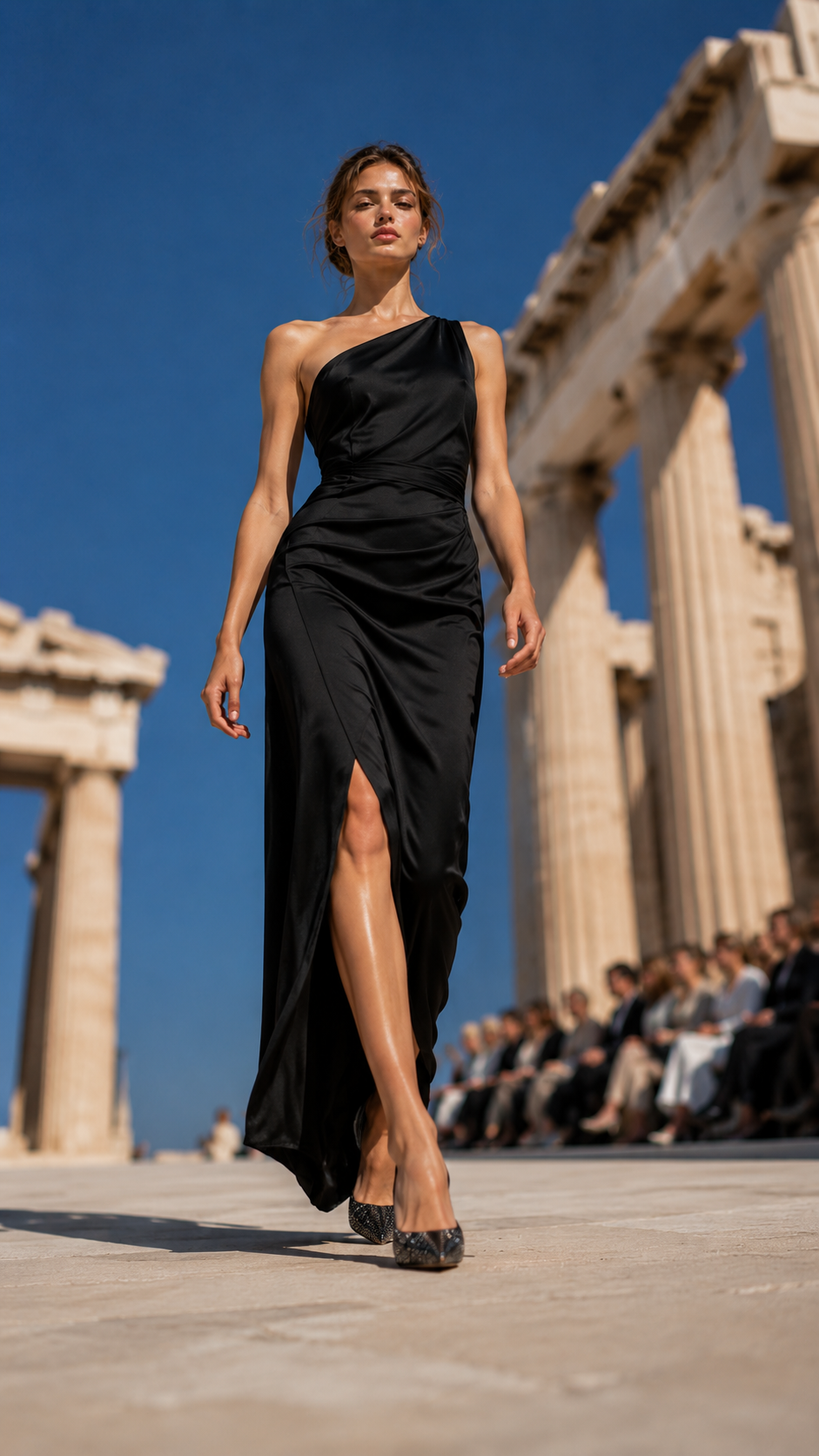 Modella in abito nero monospalla che cammina in passerella fra le colonne di un tempio, sotto il cielo