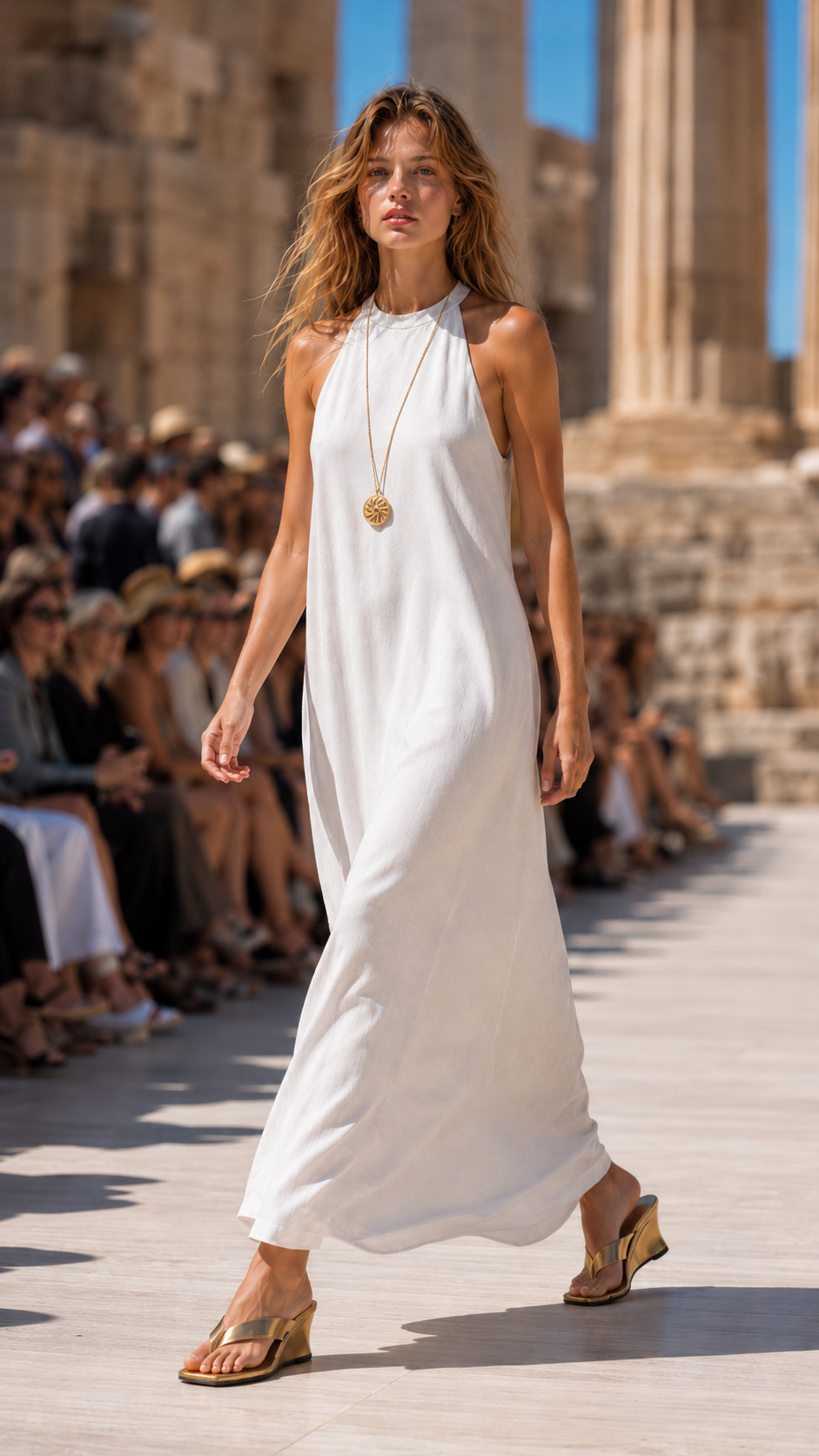 Modella in abito bianco lungo che cammina in passerella, con infradito in laminato oro e zeppa