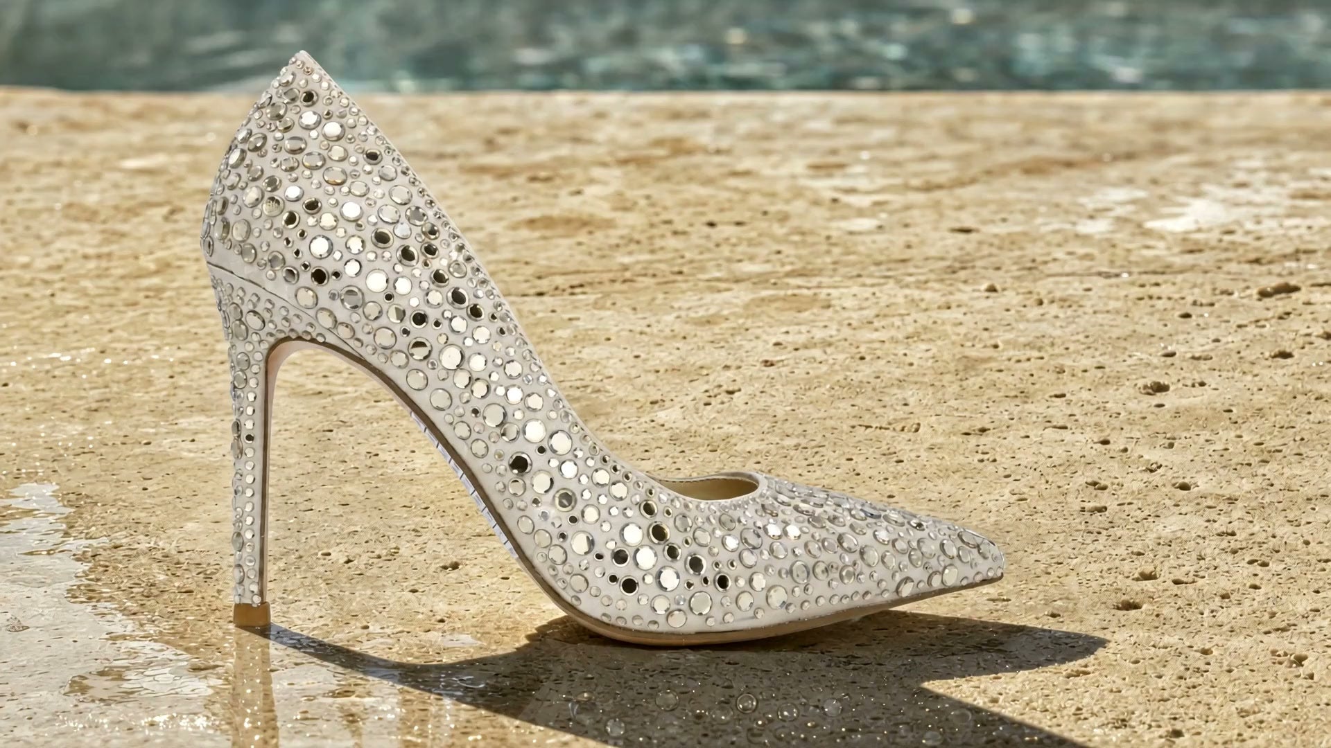 Décolleté in tessuto avorio interamente pavé di strass, spillo strassato 10 cm, su travertino a bordo acqua